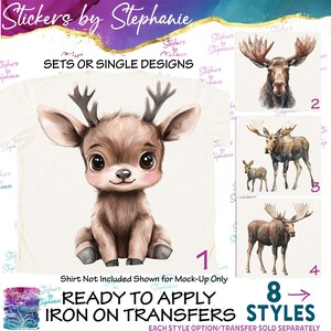 May include: A collection of iron-on transfers featuring four distinct moose and deer designs labeled 1 through 4. The graphics include a seated fawn, a moose head, a moose with a calf, and a standing moose, all displayed on a white background.