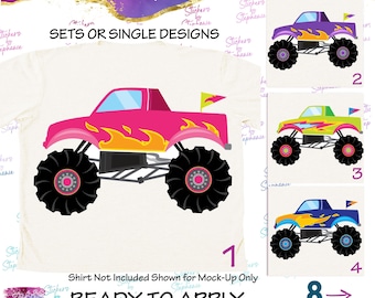 Monster Trucks Pink Purple Green Graphic Ready-to-Apply Iron-On Transfer