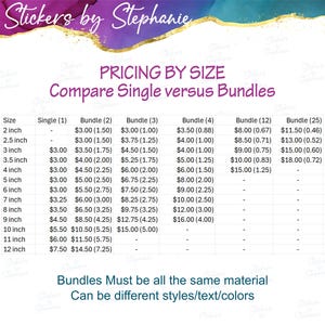 a pricing table comparing single versus bundles of various sizes. The table lists the prices for single and bundle sizes ranging from 2 inches to 12 inches. The prices are listed in dollars and cents, with the prices for bundles being listed in dollars and cents as well. The table emphasizes that bundles must be made of the same material and can be different styles/text/colors.