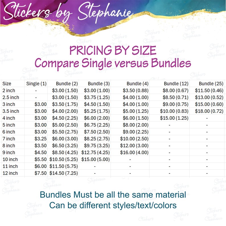 a pricing table comparing single versus bundles of various sizes. The table lists the prices for single and bundle sizes ranging from 2 inches to 12 inches. The prices are listed in dollars and cents, with the prices for bundles being listed in dollars and cents as well. The table emphasizes that bundles must be made of the same material and can be different styles/text/colors.