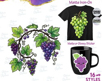 Grapes Green Purple Grapevine Illustrated Graphic Ready-to-Apply Iron-On Transfer or Sticker