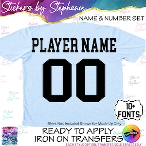 May include: Light blue t-shirt mockup with the words "PLAYER NAME" in large black block letters above the number "00". The image also includes text that says "READY TO APPLY IRON ON TRANSFERS" and "10+ FONTS".
