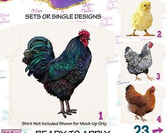 May include: Iron-on transfers featuring four distinct chicken designs labeled 1 through 4. Design 1 shows a black rooster with iridescent green feathers. Design 2 is a yellow chick, 3 is a speckled hen, and 4 is a brown hen. Text includes Stickers by Stephanie, SETS OR SINGLE DESIGNS, and READY TO APPLY IRON ON TRANSFERS.