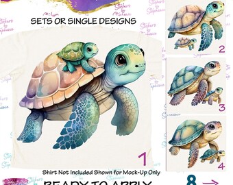 Mama and Baby Green Sea Turtle Turtles Graphic Ready-to-Apply Iron-On Transfer