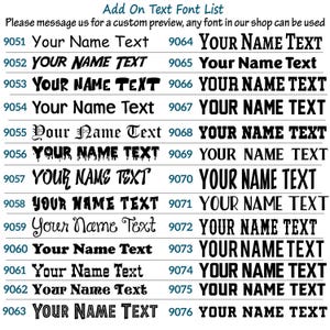 a list of custom font names and their corresponding font codes, which can be used for text customization.