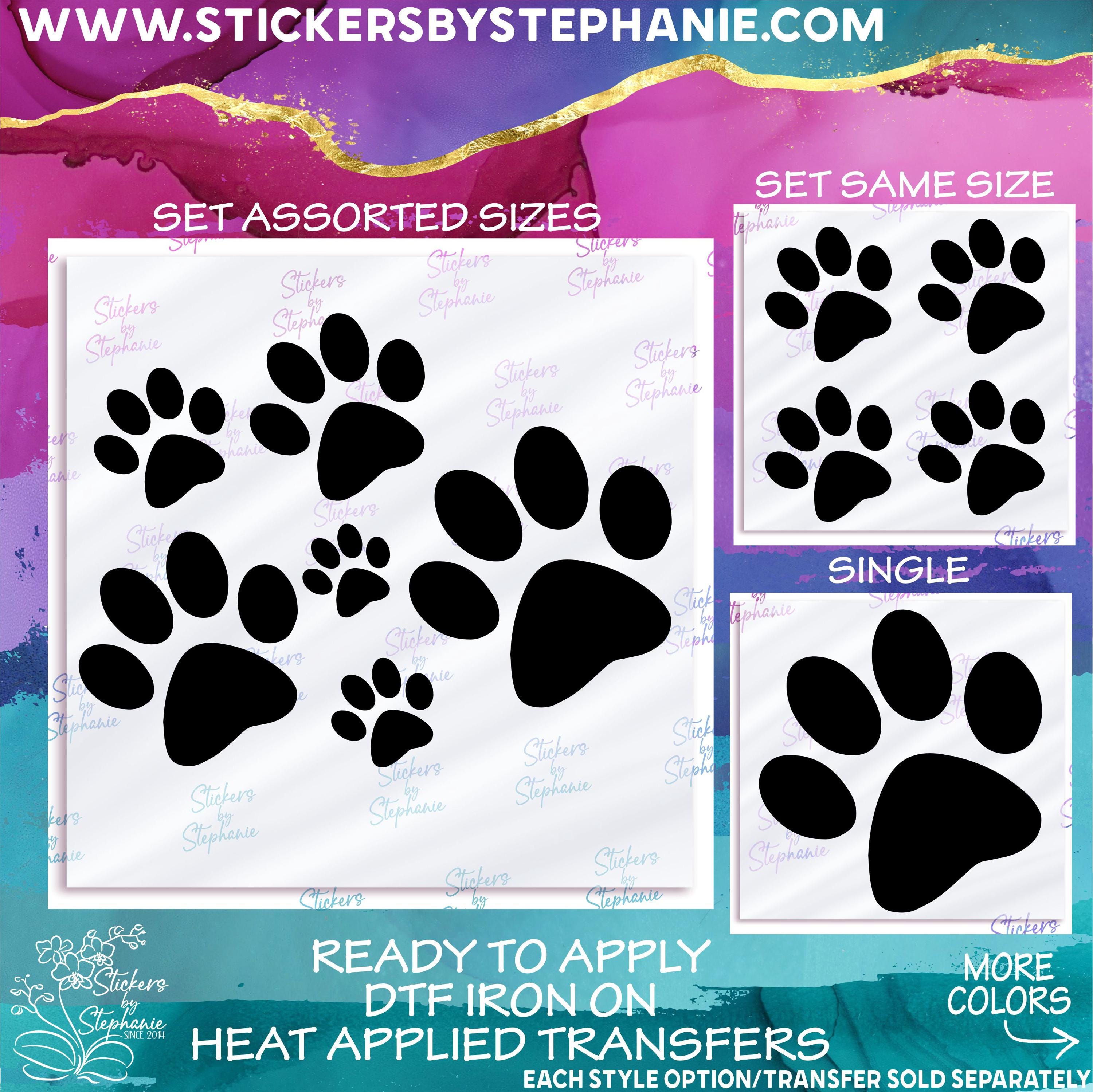 s091-S1 Dog Cat Paw Print Set 4, 6, 12 Same or Assorted Sizes 250+ Colors Matte Vinyl DTF Iron On Heat Press Applied T-Shirt Transfer