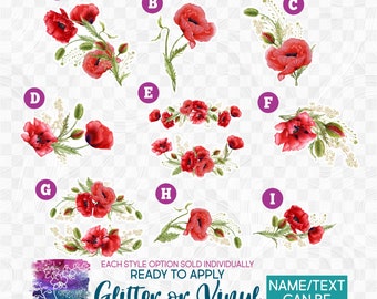 s234 Ready to Apply IronOn Transfer or Sticker Red Poppy Poppies Flowers Floral Watercolor Vinyl/Glitter/Holographic