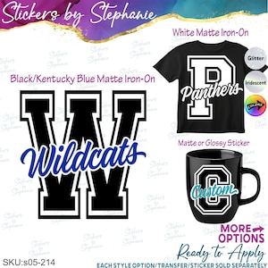 May include: A graphic design featuring a large black letter W with a white outline and the word Wildcats in blue script. Includes a black t-shirt with a white letter P and the word Panthers, and a black mug with a white letter C and the word Custom.