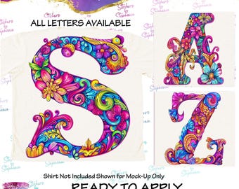 Watercolor Hippie Flower Floral Monogram Letters Graphic Ready-to-Apply Iron-On Transfer