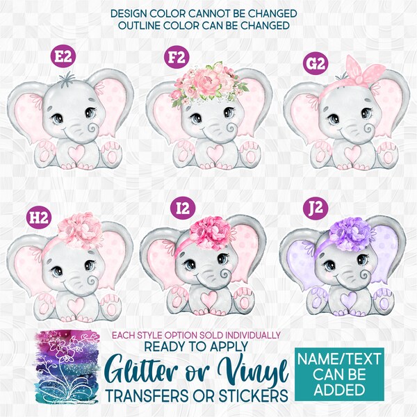 s167 Ready to Apply IronOn Transfer or Sticker Decal Baby Watercolor Elephants Flowers Bow Roses Headband Vinyl/Glitter/Holographic