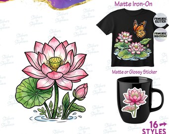 Water Lillies Lily Pad Lotus Flowers Graphic Ready-to-Apply Iron-On Transfer or Sticker