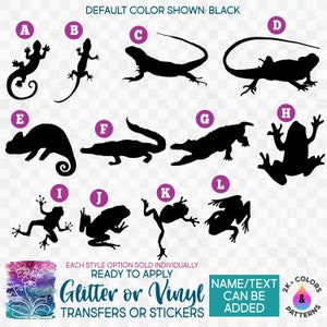 s094 Ready to Apply Iron On Transfer or Sticker Decal Lizard Lizards Gecko Chameleon Frog Alligator  Vinyl/Glitter/Holographic