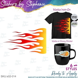 May include: A graphic design featuring a red and orange flame pattern. The image displays a black t-shirt with the flame design, a black mug with a smaller flame sticker, and text labels including Matte Iron-On, Printable Glitter, and Printable Iridescent.
