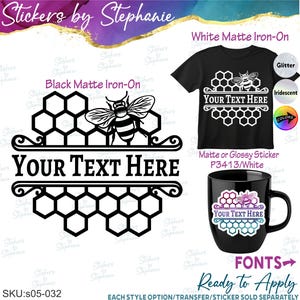 May include: A custom iron-on transfer or sticker design featuring a black honeycomb pattern and a bee graphic with the text Your Text Here. The image displays the design applied to a black t-shirt and a black mug, showcasing various finish options.