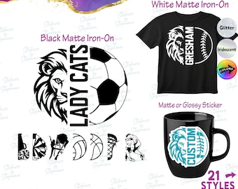 Lions Lion Mascot Cheer Soccer Football Split Custom Team Name Iron-On Transfer or Sticker