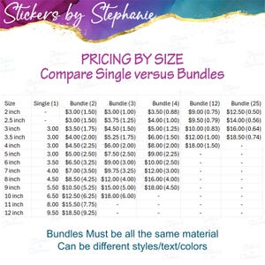 a pricing table comparing single versus bundles for various sizes of stickers. The table lists the prices for single stickers and bundles of different sizes, and it emphasizes that bundles must be made of the same material. The table also mentions that the prices can be different for different styles/text/colors.