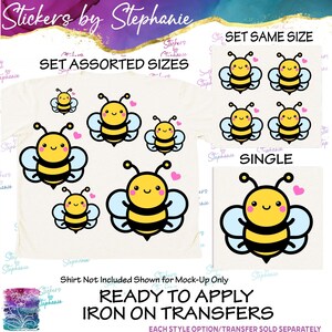 May include: A collection of iron-on transfers featuring cartoon bees with yellow bodies, black stripes, and light blue wings, accented by small pink hearts. The image displays options for assorted sizes, a set of same sizes, and a single large bee design.