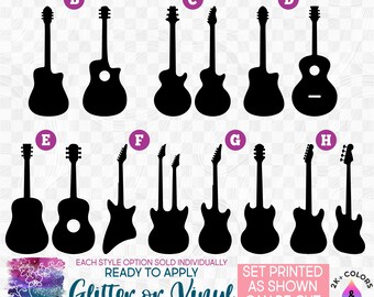 s017-4 Ready to Apply IronOn Transfer or Sticker Set of 2 Guitars Silhouette Vinyl/Glitter/Holographic