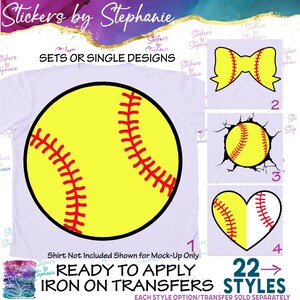 May include: A light purple t-shirt mockup featuring a large yellow softball graphic with red stitching. To the right, three additional designs are displayed: a yellow softball bow, a softball breaking through a wall, and a heart-shaped softball.