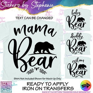 Mama Baby Bear Family Text Custom Ready-to-Apply Iron-On Transfer or Sticker