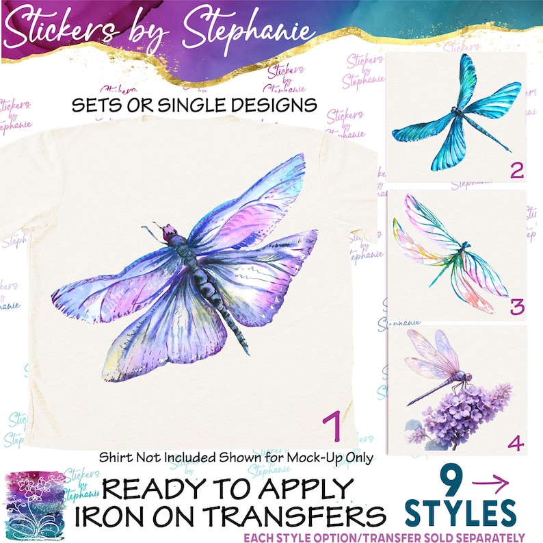 Dragonfly Lilacs Watercolor Graphic Ready-to-Apply Iron-On Transfer imagem 1