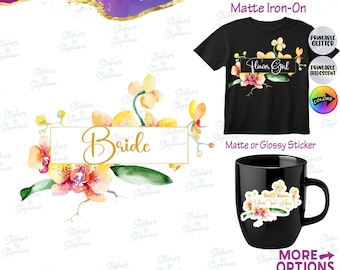 Bride Flower Girl Wedding Party Orchid Wreath Custom Ready-to-Apply Iron-On Transfer or Sticker