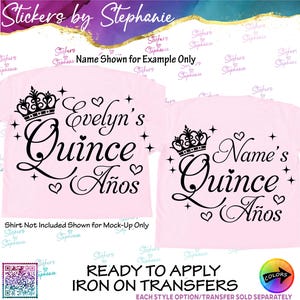 Quinceañera Name Quince Anos Custom Ready-to-Apply Iron-On Transfer or Sticker