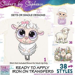 May include: A collection of iron-on transfers featuring cartoon sheep designs. The images include a large sheep with a pink bow, a sheep in a purple pocket labeled Love, a standing sheep, and a group of three sheep surrounded by colorful flowers.