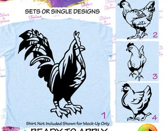 May include: A light blue t-shirt featuring a large black rooster graphic, with three additional numbered black chicken designs labeled 2, 3, and 4. The text reads Stickers by Stephanie, SETS OR SINGLE DESIGNS, and READY TO APPLY IRON ON TRANSFERS.