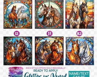 s150-10 Ready to Apply IronOn Transfer or Sticker Stained Glass Brown Tan Cream White Horse Horses Couple Vinyl/Glitter/Holographic