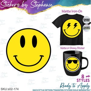May include: A collection of smiley face designs including a large yellow smiley face, a black t-shirt with a yellow smiley face featuring lightning bolt eyes, and a black mug with a yellow smiley face wearing black sunglasses, labeled Stickers by Stephanie.