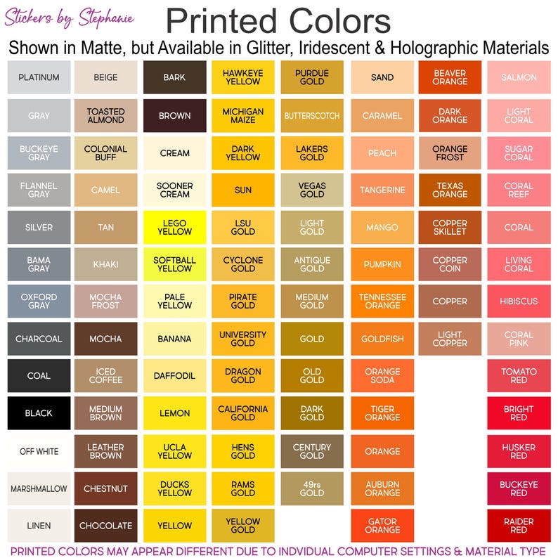 The image is a printed color palette showing various shades of gold, silver, and black, available in glitter, iridescent, and holographic materials.