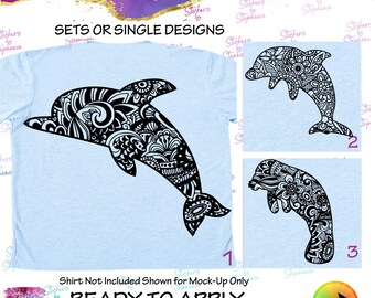 Transferencia termoadhesiva lista para aplicar con diseño Zentangle de delfines y manatíes