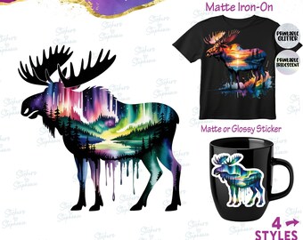 Moose Double Exposure Northern Lights Graphic Ready-to-Apply Iron-On Transfer or Sticker