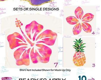 Pink Hibiscus, Plumeria, Pineapple Watercolor Graphic Ready-to-Apply Iron-On Transfer
