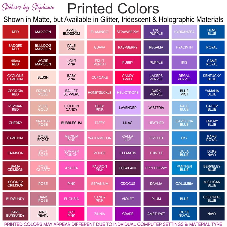 a collection of printed colors, including various shades of red, pink, purple, blue, and green, presented in a grid format. The colors are shown in both matte and glitter, iridescent, and holographic materials. The image does not contain any text, and the descriptions provided are based on the visual content of the image, which is a collage of multiple images.