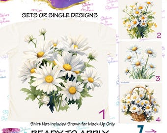 Daisies White Daisy Flowers Watercolor Graphic Ready-to-Apply Iron-On Transfer