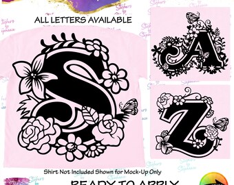 Flower Floral Butterfly Monogram Letter Graphic Ready-to-Apply Iron-On Transfer