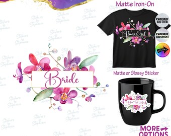 Bride Flower Girl Wedding Party Orchid Wreath Custom Ready-to-Apply Iron-On Transfer or Sticker