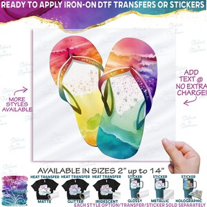 s066 Watercolor Flip Flops Colorful Tropical Set of 4 or Single Image Matte Vinyl DTF Iron On Heat Press Applied T-Shirt Transfer