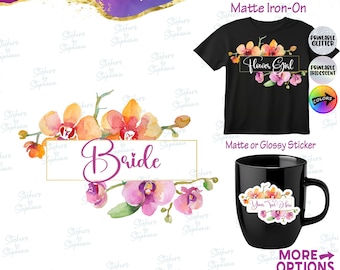 Bride Flower Girl Wedding Party Orchid Wreath Custom Ready-to-Apply Iron-On Transfer or Sticker