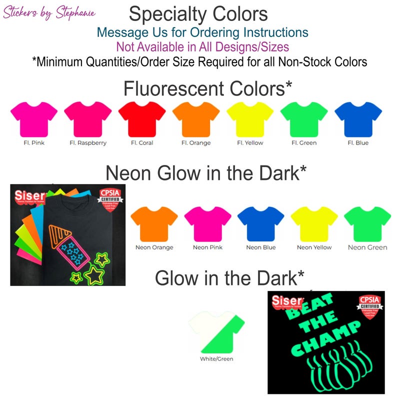 The image is a collage of various colorful designs, including neon glow in the dark and glow in the dark t-shirts, along with a message for ordering instructions.