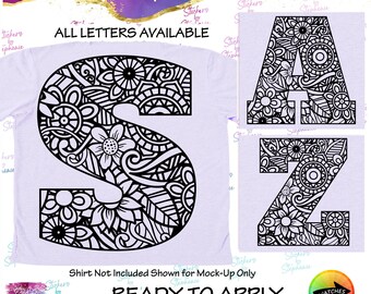 Zentangle Flower Floral Monogram Letter Graphic Ready-to-Apply Iron-On Transfer