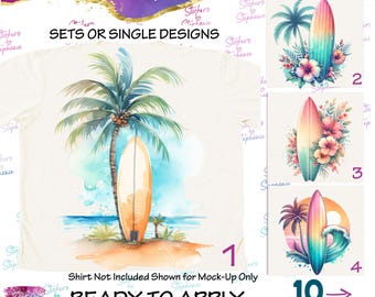 Transferencia termoadhesiva lista para aplicar con gráfico retro pastel de tabla de surf y palmera