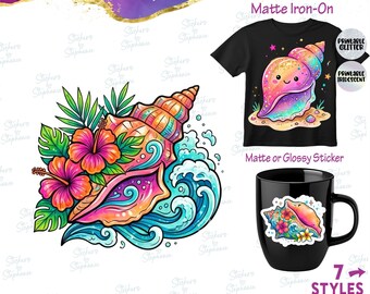 Seashells Shells Neon Colorful Graphic Ready-to-Apply Iron-On Transfer or Sticker