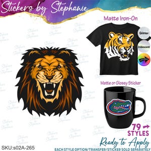 May include: A lion head graphic, a black t-shirt with a tiger head print, and a black mug with an alligator logo. Text includes Stickers by Stephanie, Matte Iron-On, Matte or Glossy Sticker, 79 STYLES, Ready to Apply, and SKU:s02A-265.