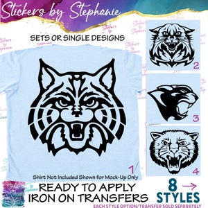 May include: A light blue t-shirt mock-up featuring a large black graphic of a wildcat face. To the right, three additional black wildcat designs are labeled 2, 3, and 4. Text includes Stickers by Stephanie, SETS OR SINGLE DESIGNS, and 8 STYLES.