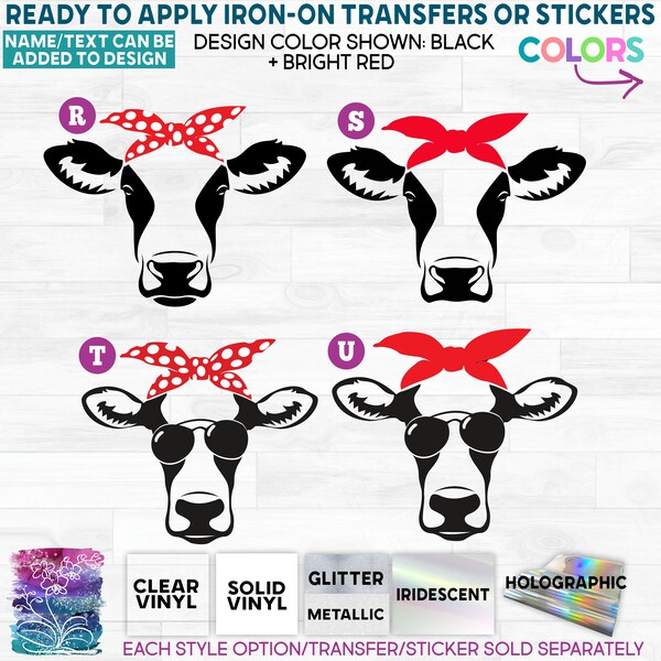 s003-2 Ready to Apply IronOn Transfer or Sticker Cow Heifer Face with Bandana Solid or Polka Dot Sunglasses Vinyl/Glitter/Holographic