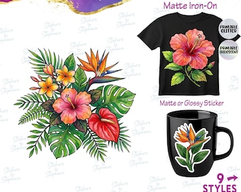 Tropical Flowers Hibiscus Illustrated Graphic Ready-to-Apply Iron-On Transfer or Sticker
