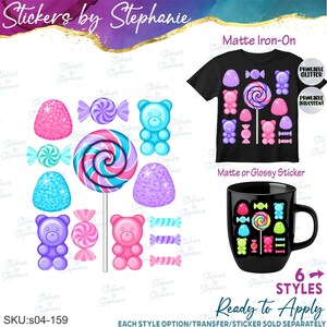 Candy Sweets Multi-Color Set Illustrated Ready-to-Apply Iron-On Transfer or Sticker